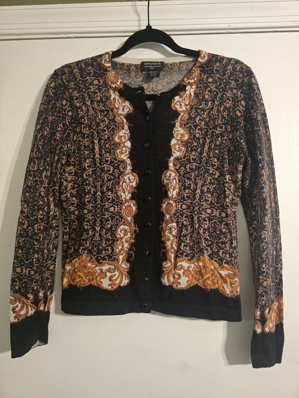 Lord & Taylor Black, Brown & Cream 100% Merino Wool Button Cardigan